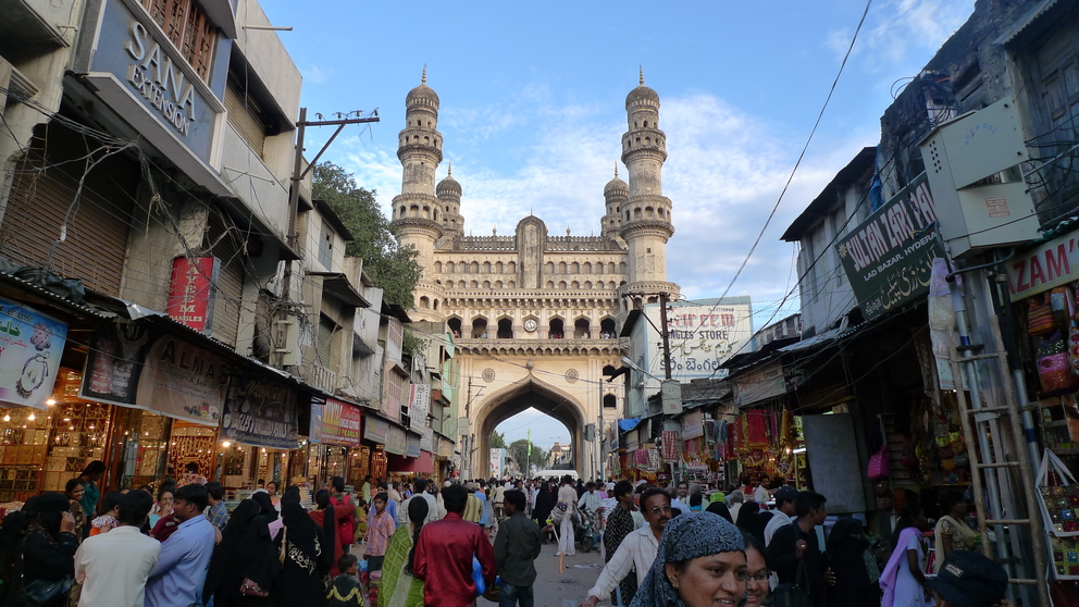 Crowded Laad Bazaar street in Hyderabad leading up to the Charminar
