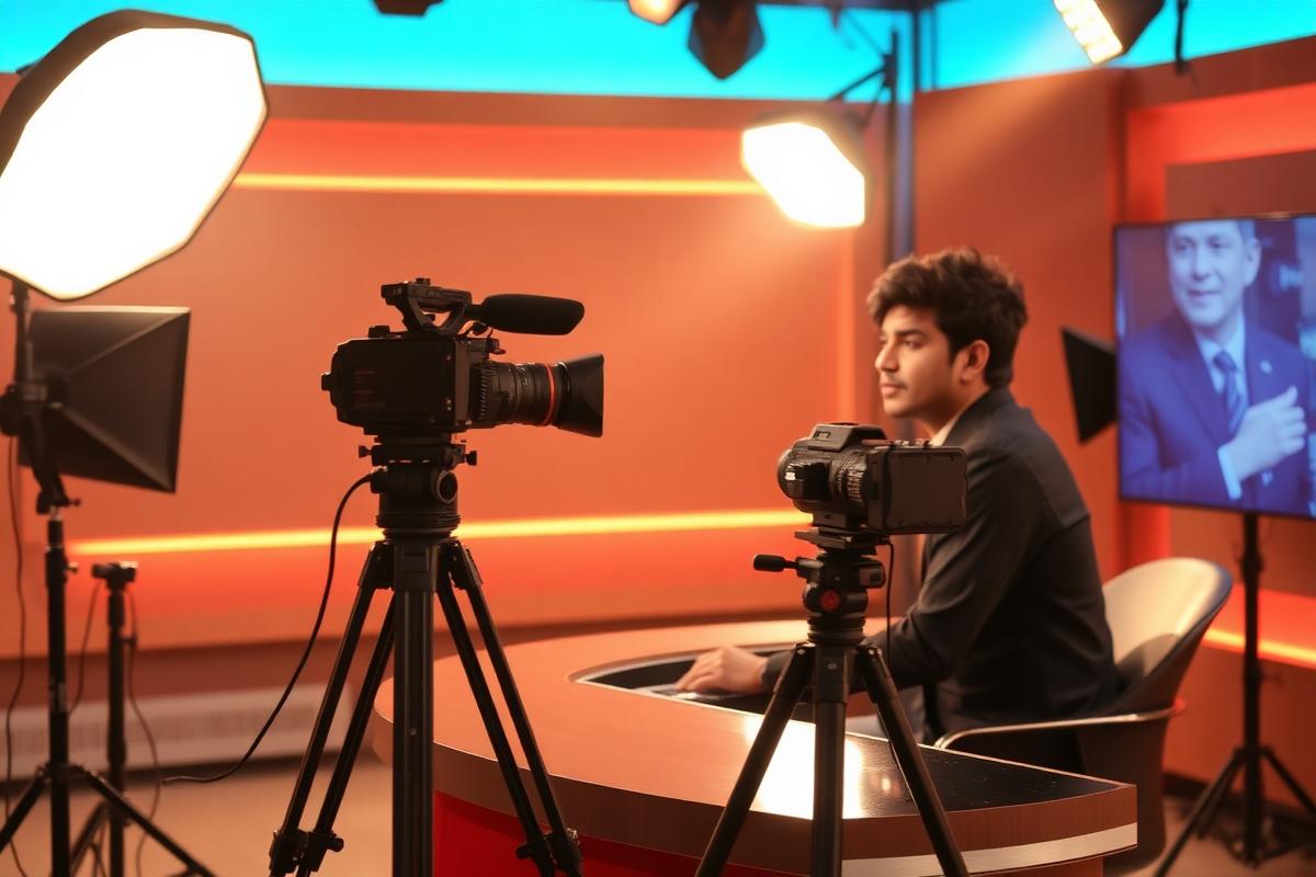 Small independent news studio with camera on a tripod and a presenter at a desk